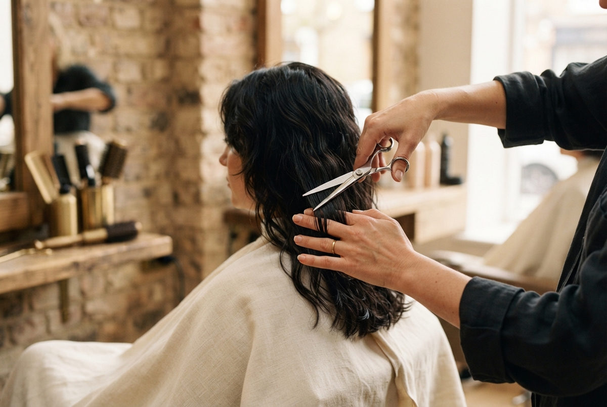 Stylist carefully cutting dark wavy hair in the salon