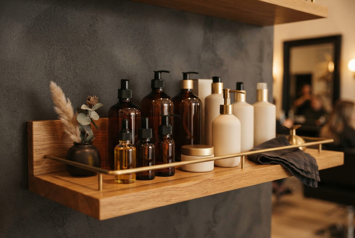 Amber and cream product bottles on an oak shelf