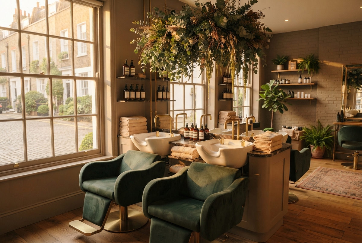 Wash bay with brass fixtures, eucalyptus and Chelsea windows