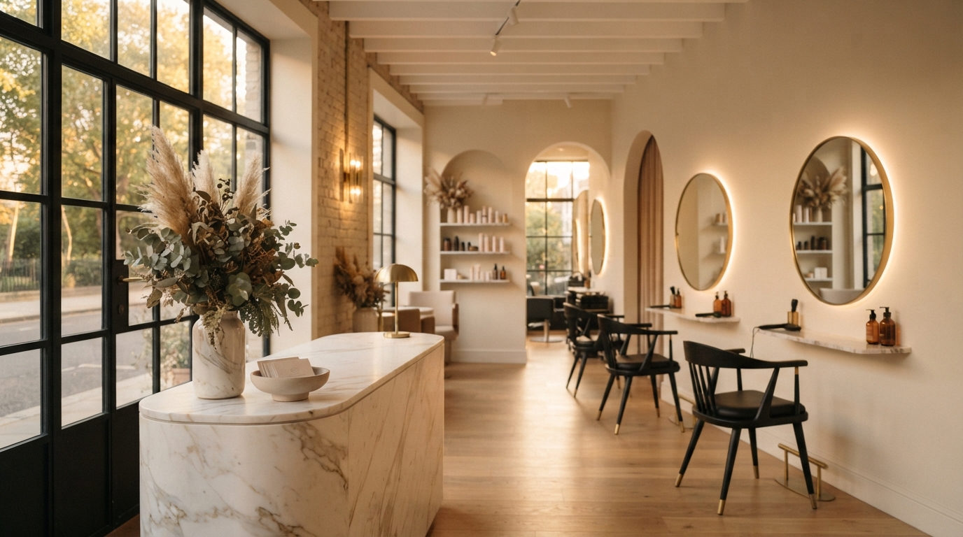 Golden Hour salon interior with marble desk, brass accents and soft afternoon light